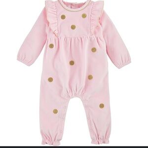 Mud Pie 9-12m pink and gold polka dot romper jumpsuit